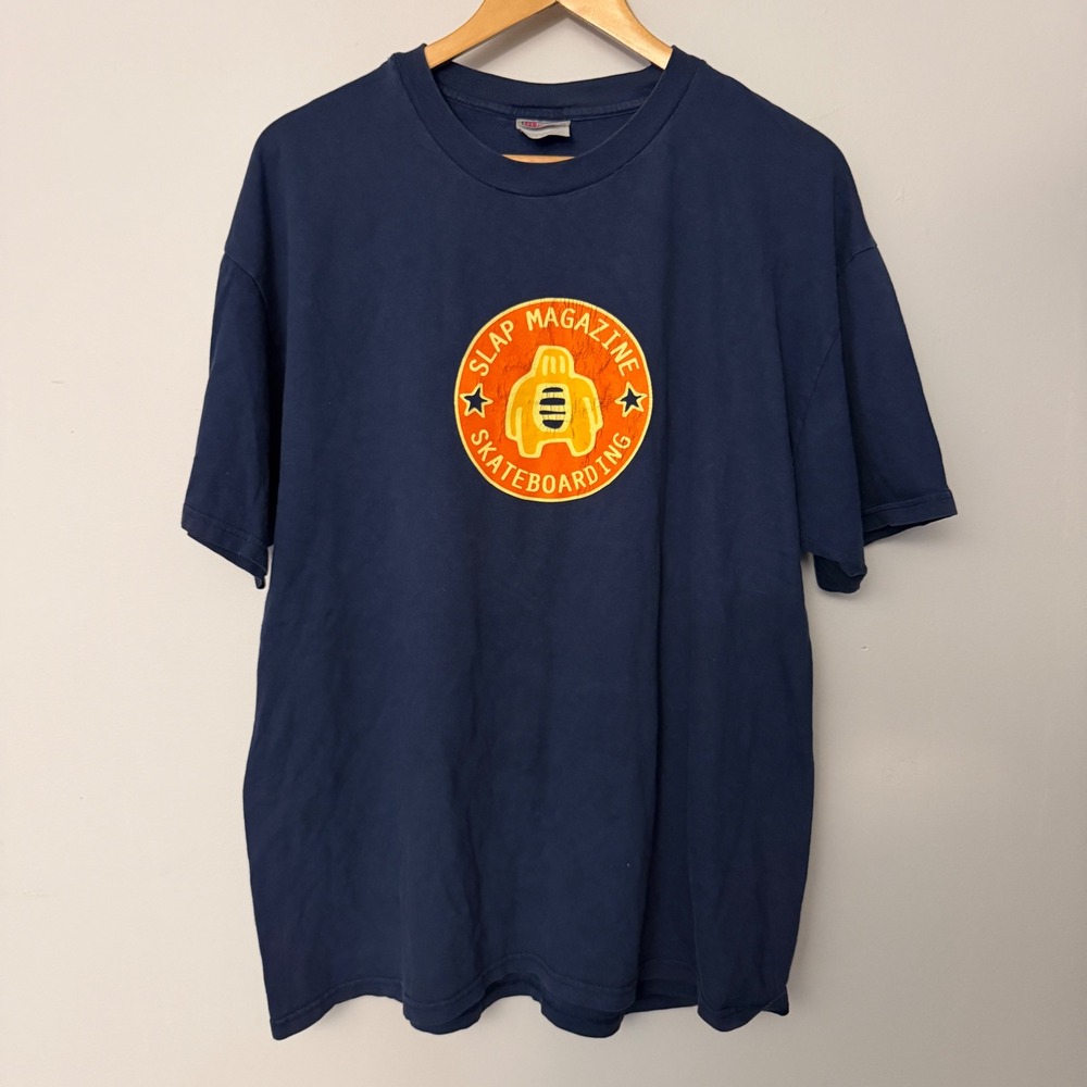Vintage 90s Slap Magazine Skateboarding T-Shirt Navy Blue Hanes Beefy-T XL Rare